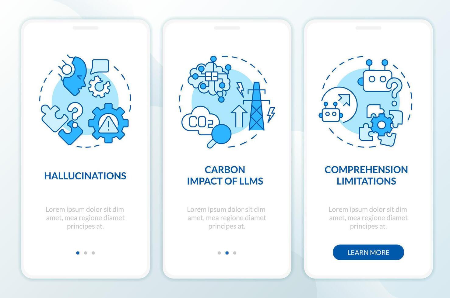 Large language models issues onboarding mobile app screen. Walkthrough 3 steps editable graphic instructions with linear concepts. UI, UX, GUI template vector