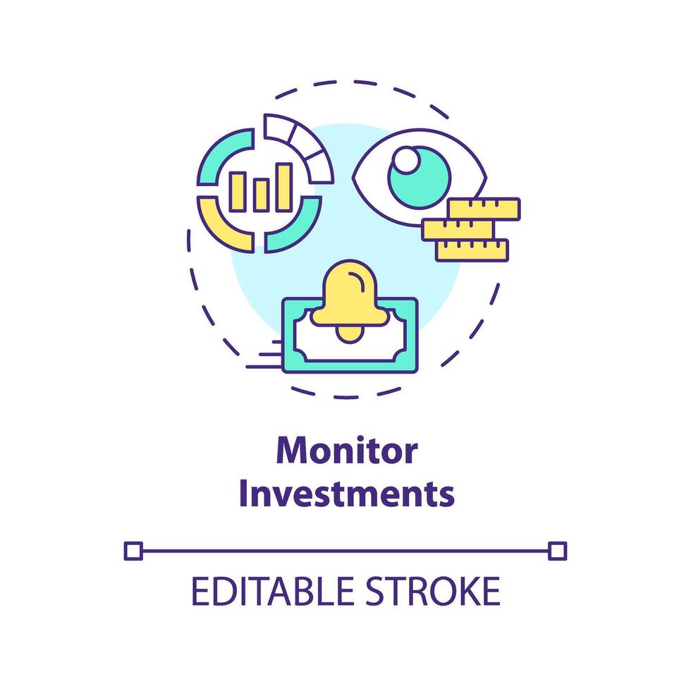 Monitor investment multi color concept icon. Receive payments. Invested in loans and monitor performance. Round shape line illustration. Abstract idea. Graphic design. Easy to use in marketing vector