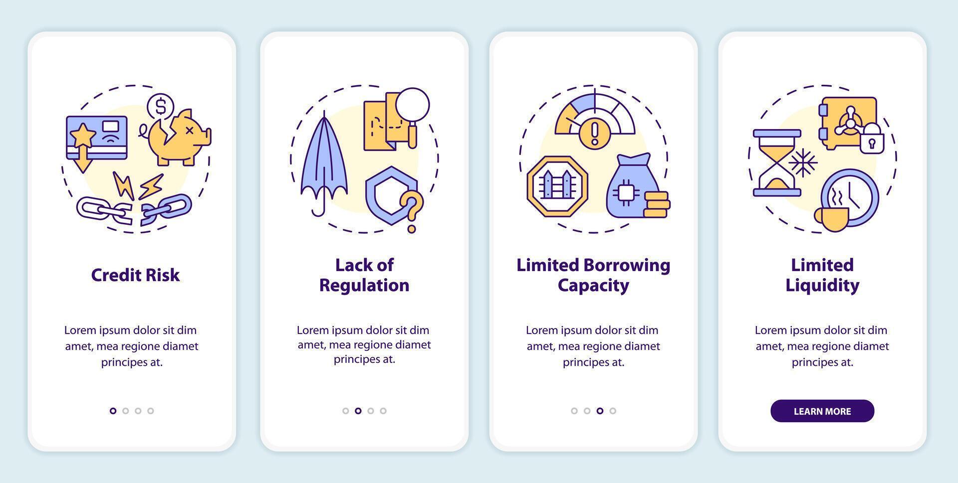 Disadvantages P2P loans onboarding mobile app screen. Lending risks walkthrough 4 steps editable graphic instructions with linear concepts. UI, UX, GUI template vector