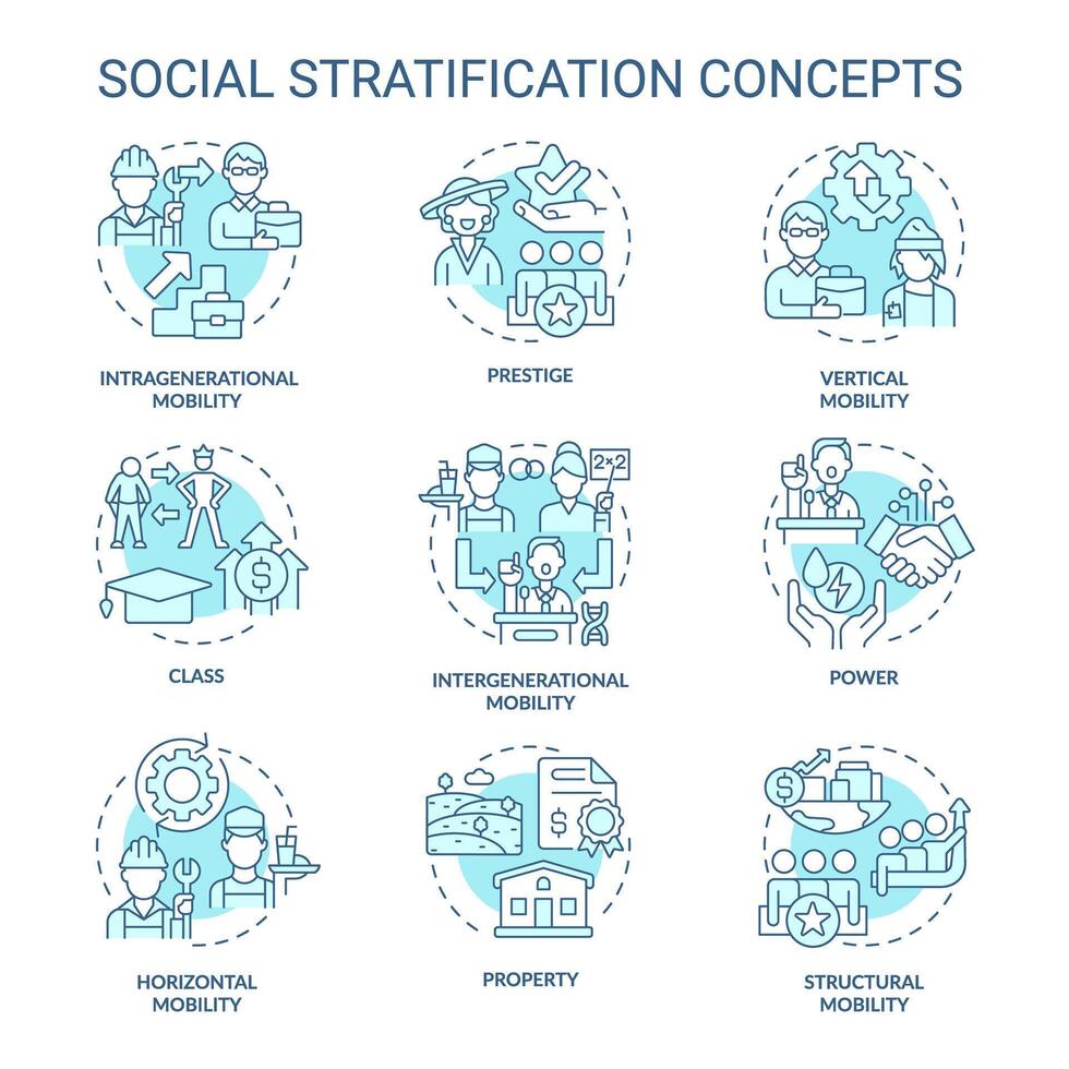 Social stratification and mobility soft blue concept icons. Socioeconomic status. Society structure. Icon pack. Vector images. Round shape illustrations. Abstract idea. Easy to use in article