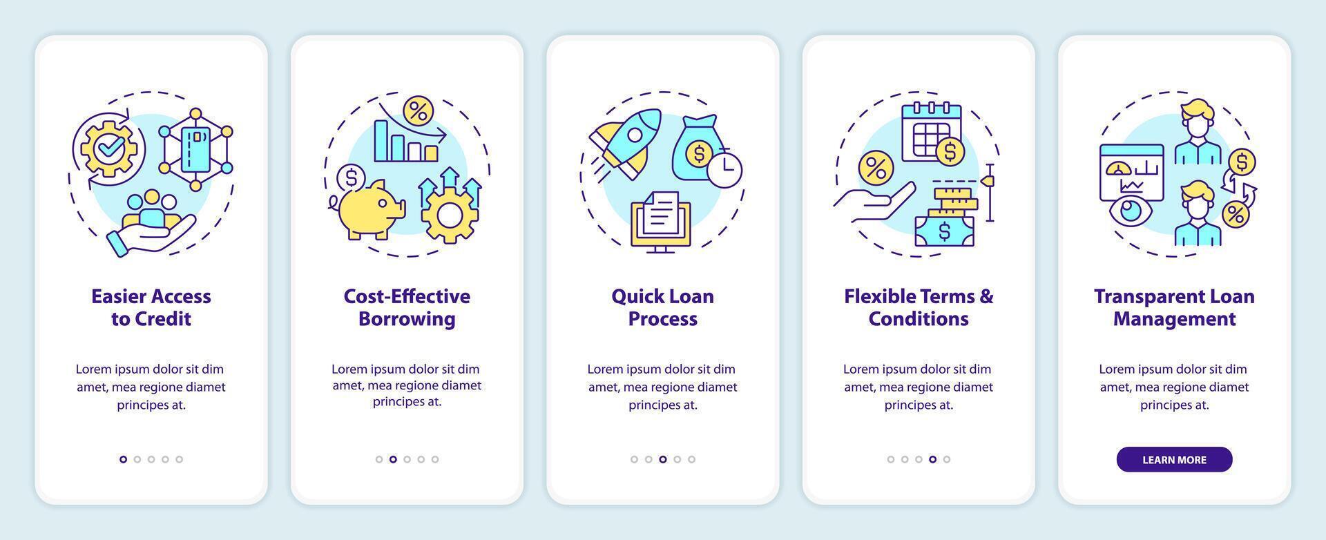 p2p para prestatarios inducción móvil aplicación pantalla. préstamo ventajas recorrido 5 5 pasos editable gráfico instrucciones con lineal conceptos. ui, ux, gui modelo vector