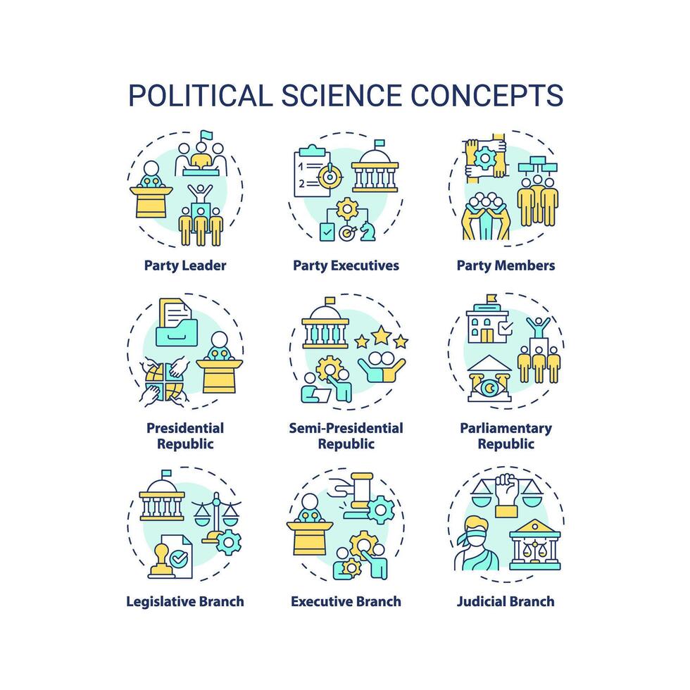 Political science multi color concept icons. Government structure, social politics. Democracy ideology, law regulation. Icon pack. Vector images. Round shape illustrations. Abstract idea