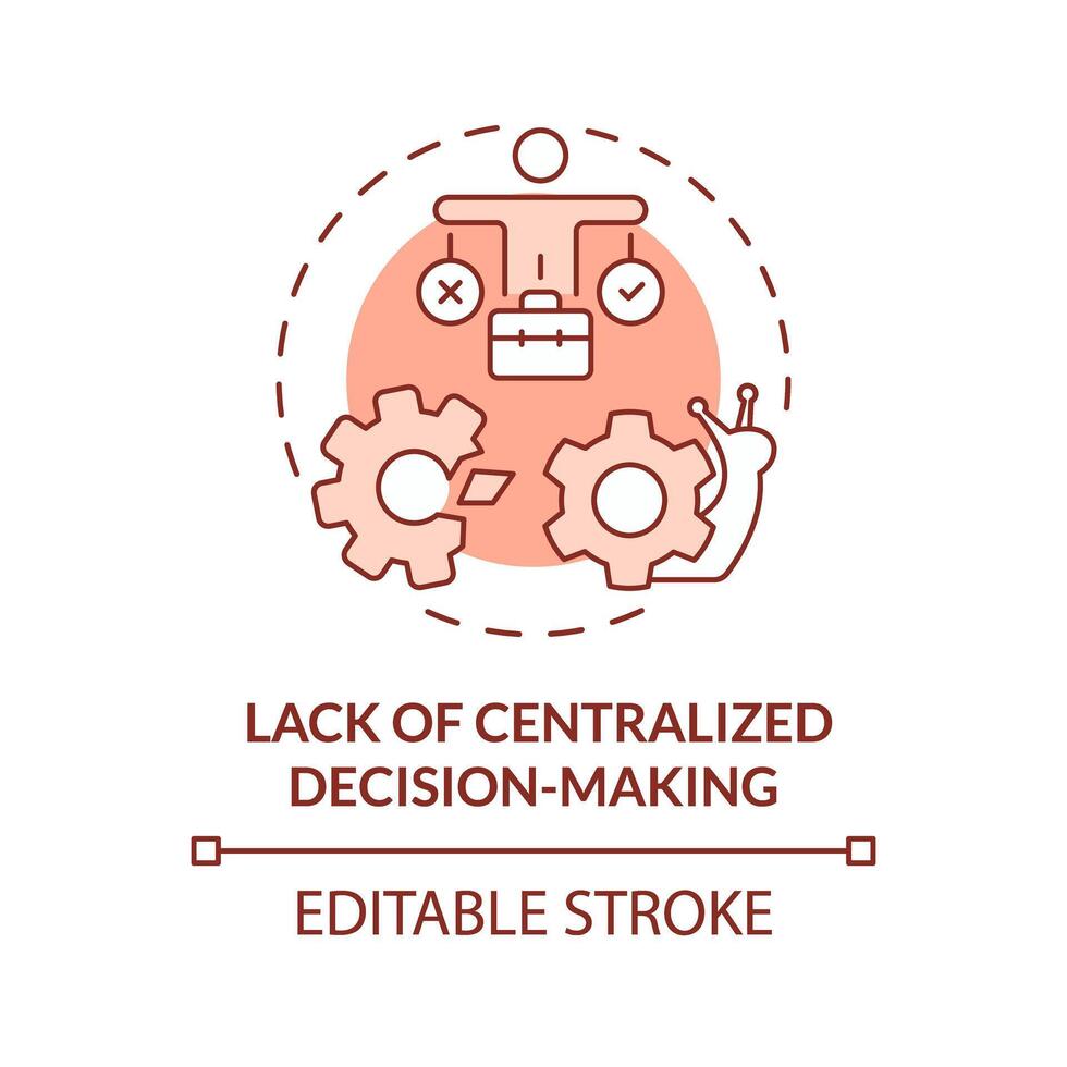 Centralized decision-making lack red concept icon. Prolong process of coming to conclusion. Round shape line illustration. Abstract idea. Graphic design. Easy to use in promotional material vector