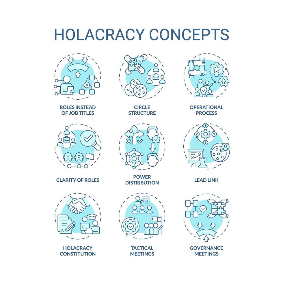 Holacracy structure soft blue concept icons. Power distribution. Operational process. Governance meetings. Icon pack. Vector images. Round shape illustrations for promotional material. Abstract idea
