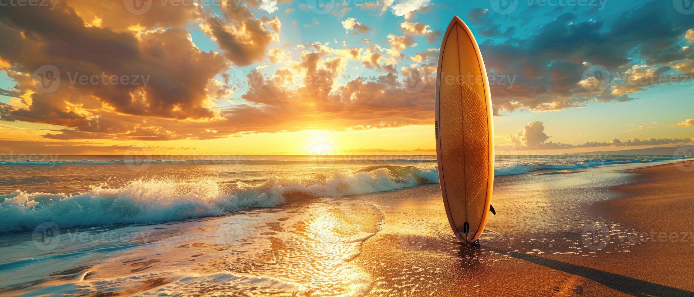 AI generated An upright surfboard awaits an early morning session on a serene beach photo