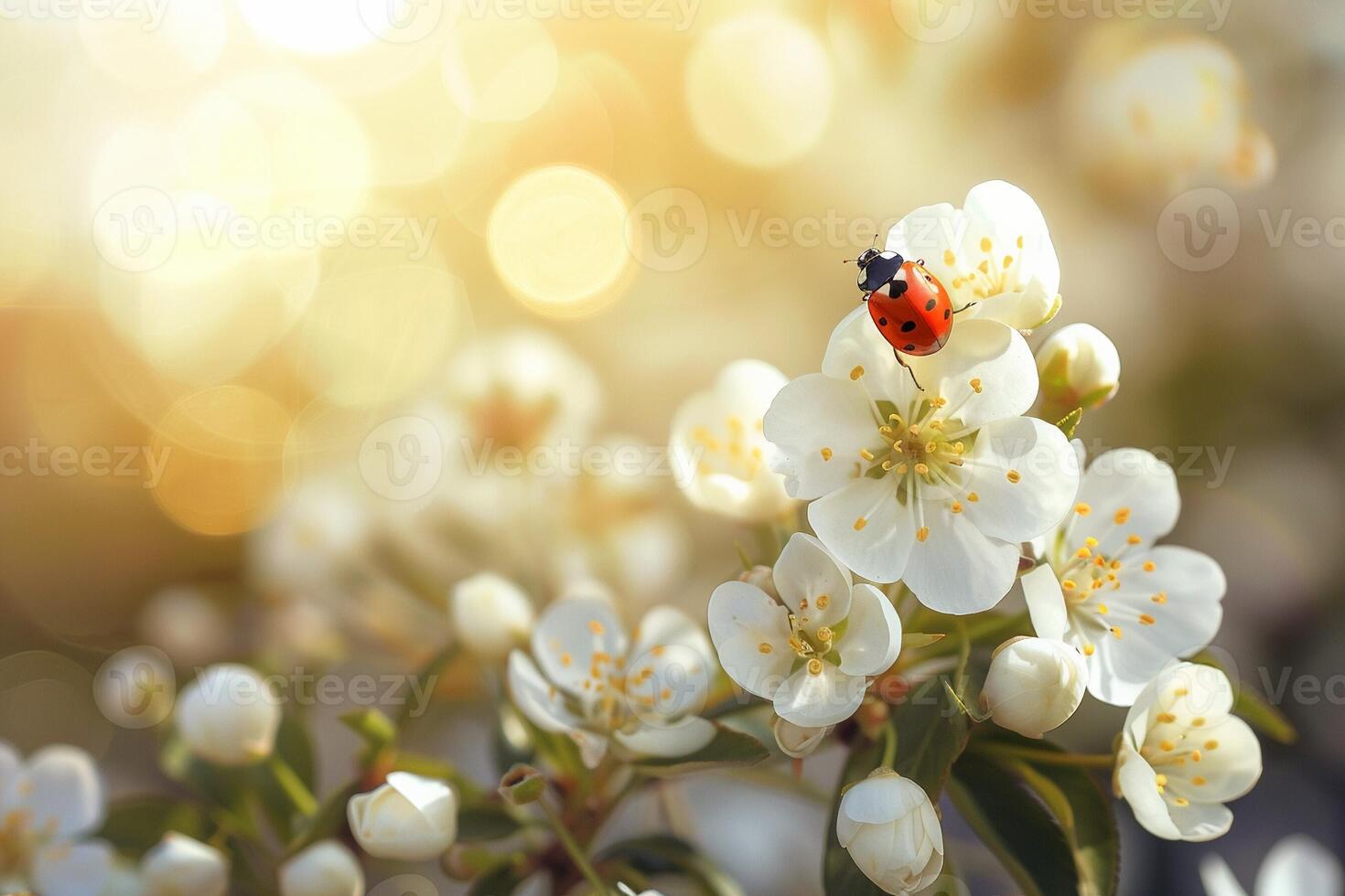ai generado un soltero mariquita explora el blanco flores de un primavera flor en contra un iluminado por el sol bokeh antecedentes. foto