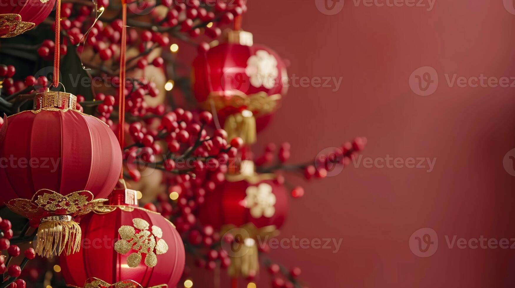 AI generated An Elegant Chinese New Year decorations with red and gold accents on a maroon background. photo