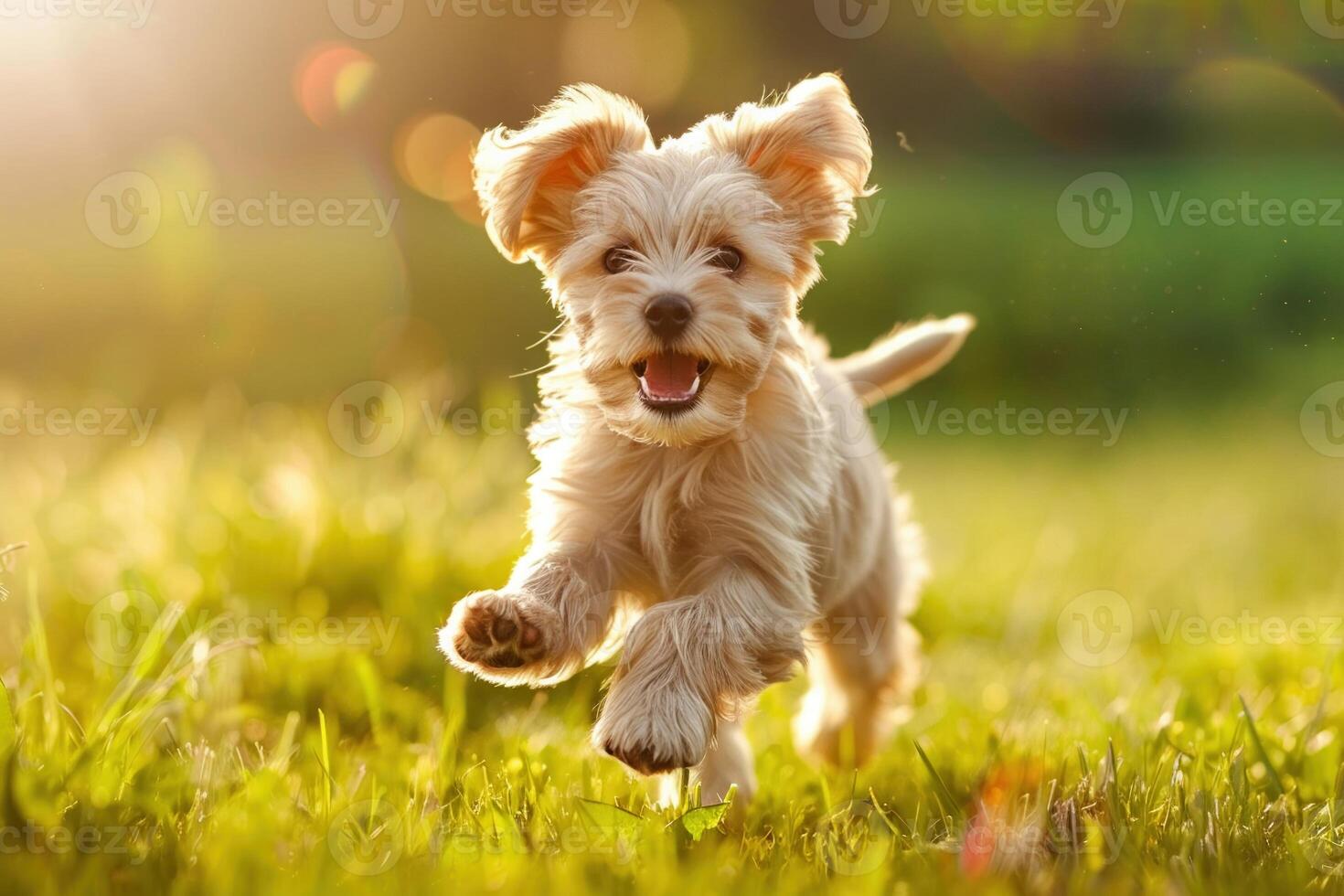 ai generado un juguetón perrito carreras alegremente mediante un iluminado por el sol prado foto