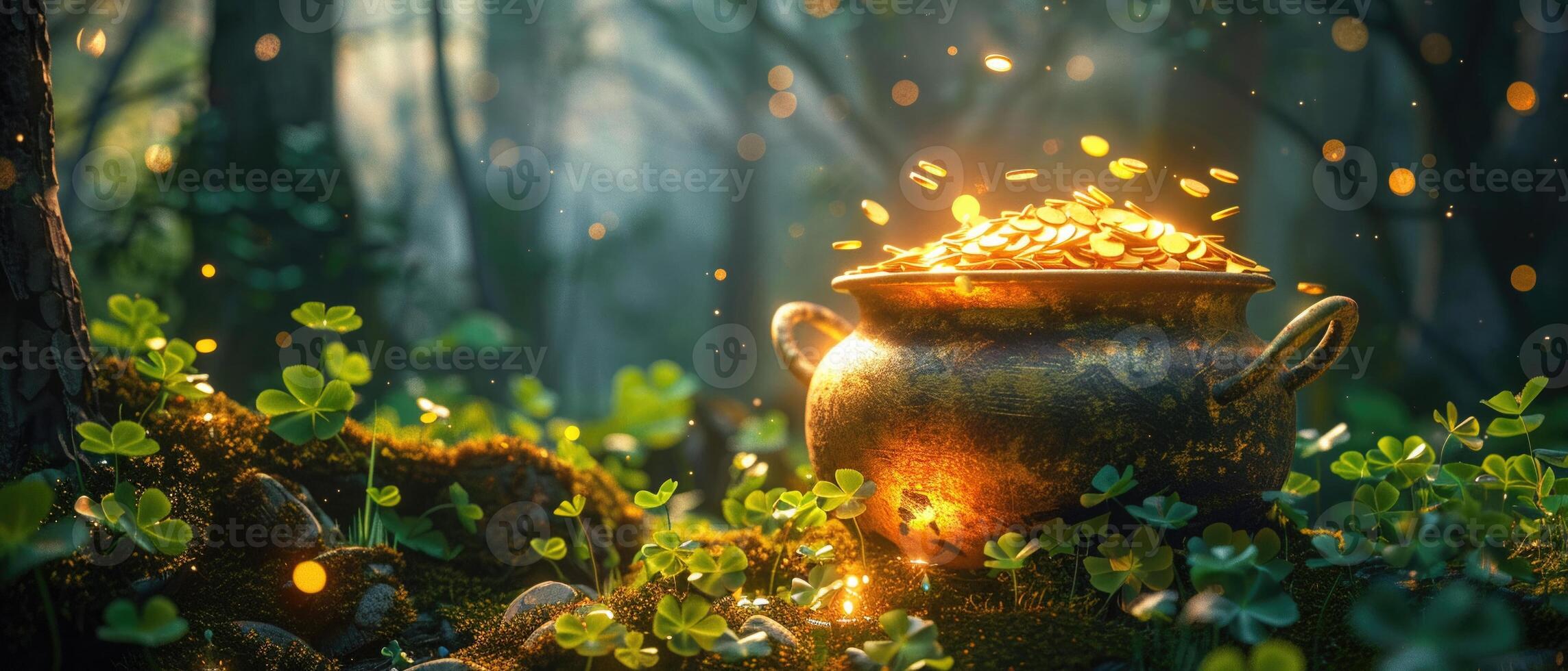 AI generated A pot overflowing with gold coins amidst clovers in an enchanted forest photo