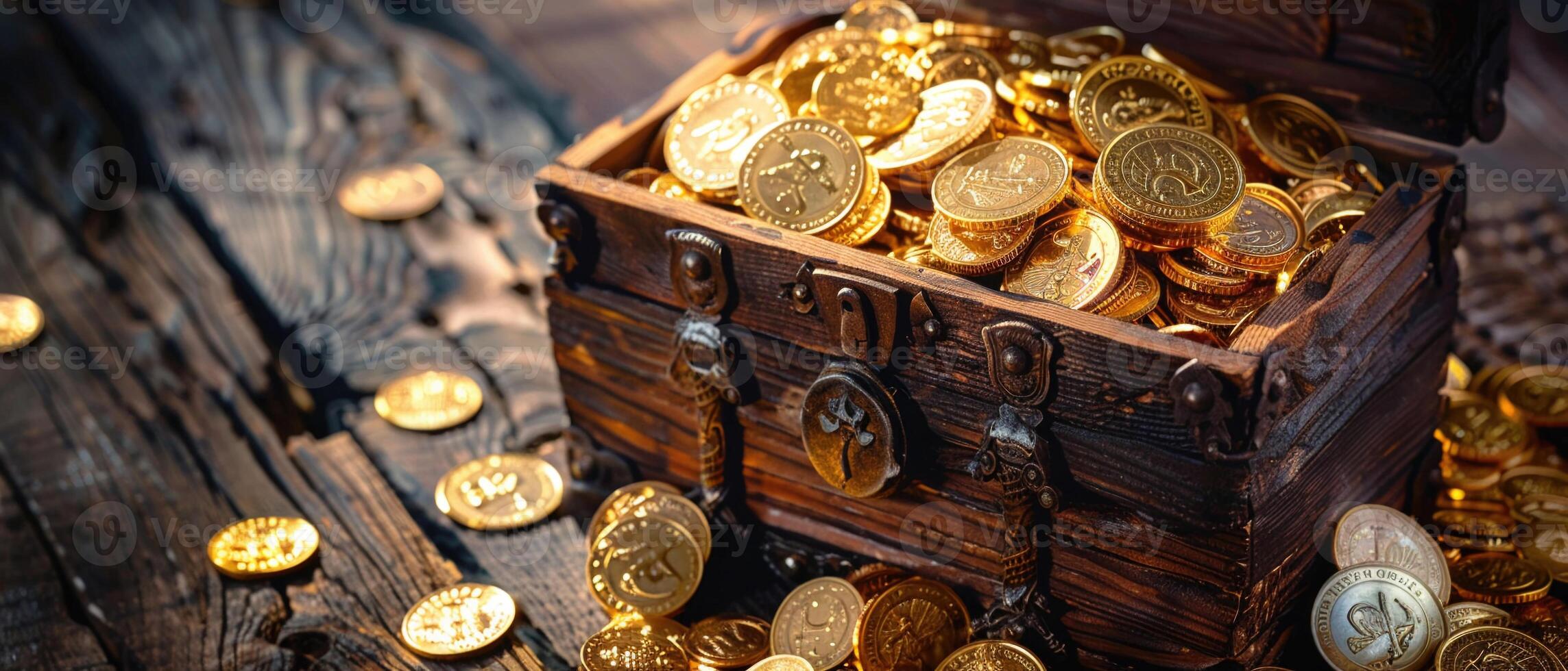 AI generated A treasure chest overflowing with gold coins in an old wooden setting photo