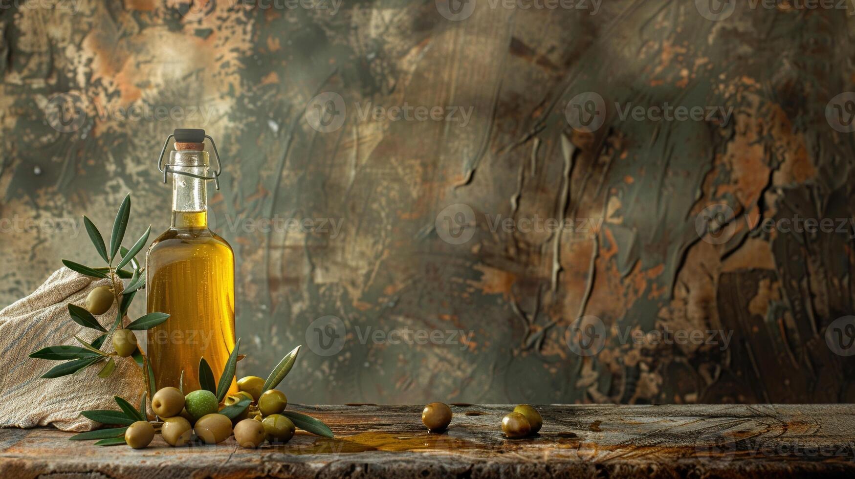 AI generated A bottle of olive oil and fresh olives are set against a rustic backdrop with a Mediterranean feel. photo