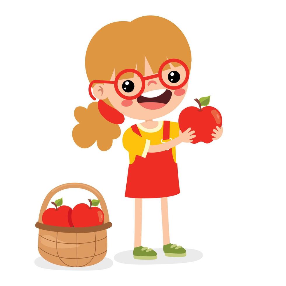 ilustración de niño con manzana vector