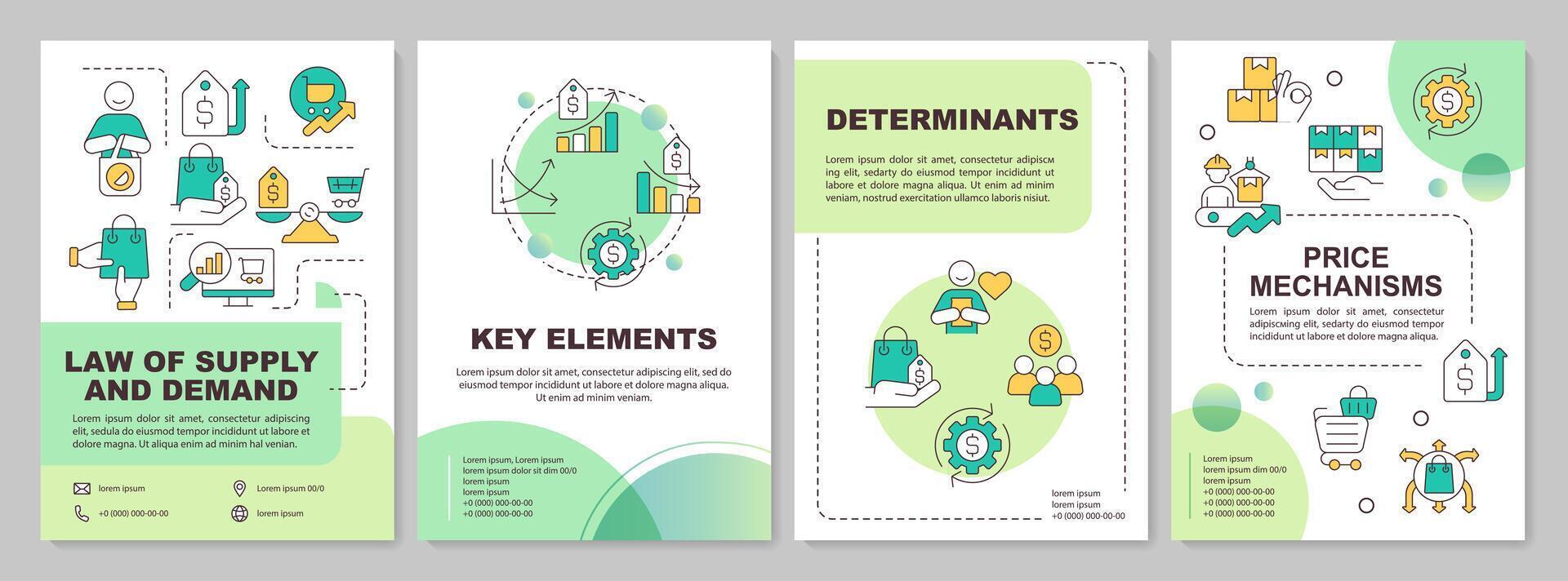 Supply and demand laws green circle brochure template. Leaflet design with linear icons. Editable 4 vector layouts for presentation, annual reports