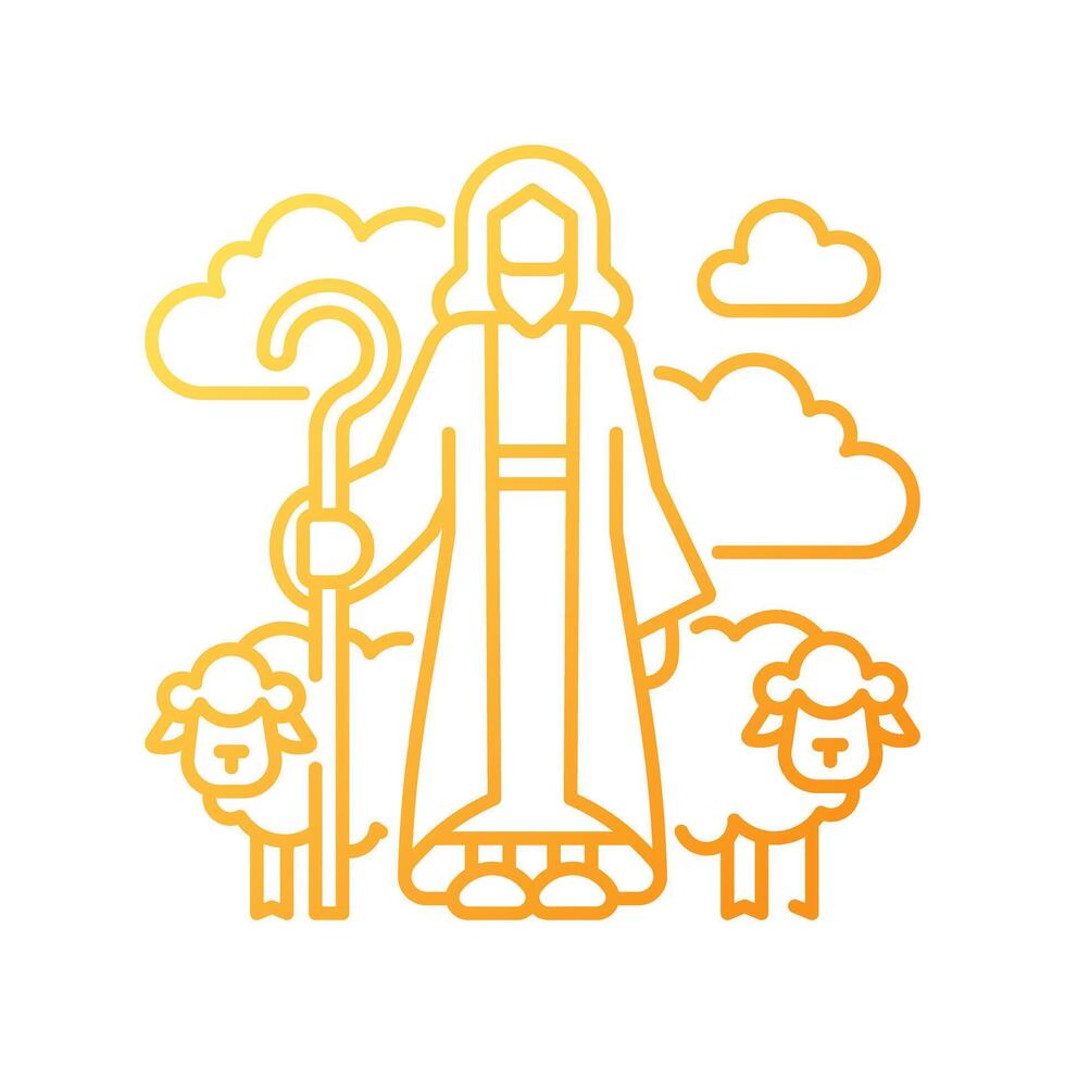 Shepherd gradient linear vector icon. Man with flock of sheep. Good shepherd. Jesus Christ human representation. Thin line color symbol. Modern style pictogram. Vector isolated outline drawing