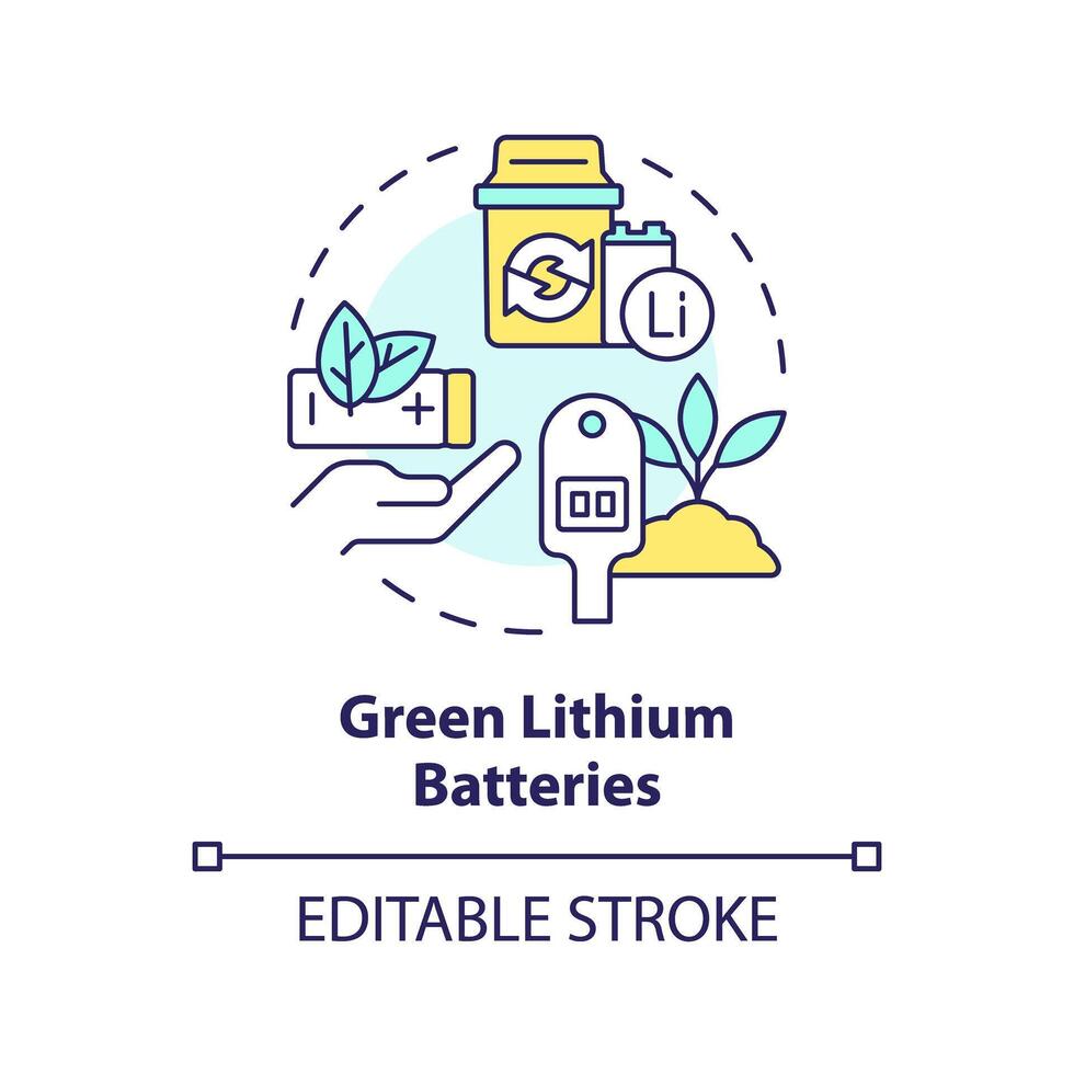 Green lithium batteries multi color concept icon. Environmentally friendly technology. Waste reduction, decarbonization. Round shape line illustration. Abstract idea. Graphic design. Easy to use vector