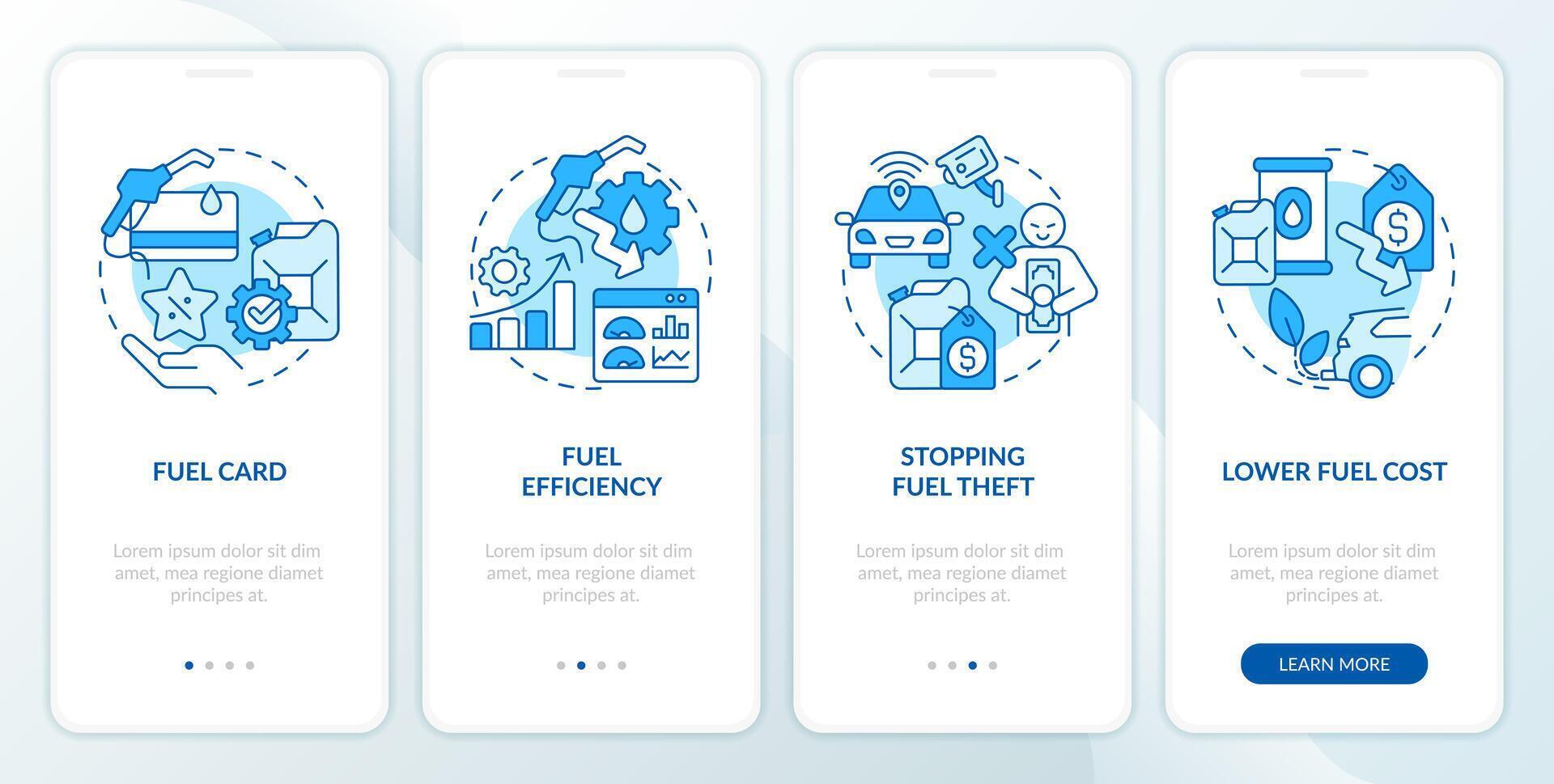 Fuel monitoring activities blue onboarding mobile app screen. Walkthrough 4 steps editable graphic instructions with linear concepts. UI, UX, GUI template vector