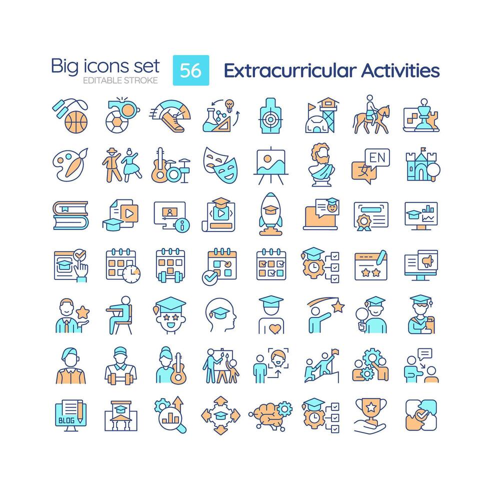 2D editable multicolor big simple icons set representing extracurricular activities, isolated vector, linear illustration. vector