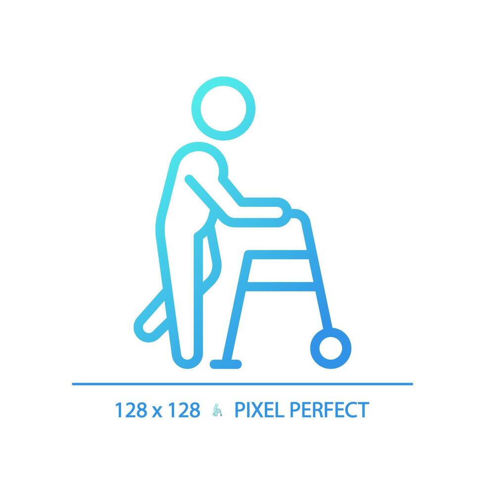Walker assistance gradient linear vector icon. Trauma care. Medical condition, special needs. Mobility aids. Thin line color symbol. Modern style pictogram. Vector isolated outline drawing