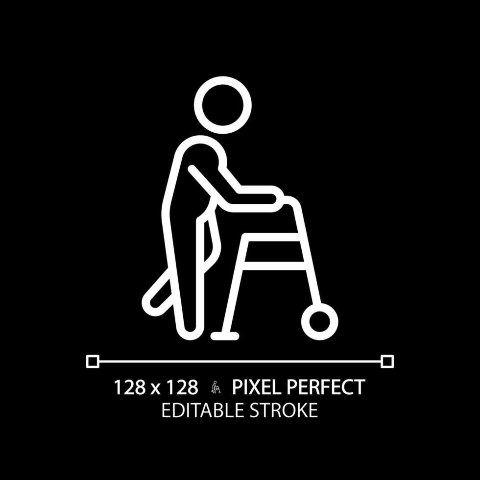 Walker assistance white linear icon for dark theme. Trauma care. Physiotherapy treatment. Medical condition. Mobility aids. Thin line illustration. Isolated symbol for night mode. Editable stroke vector