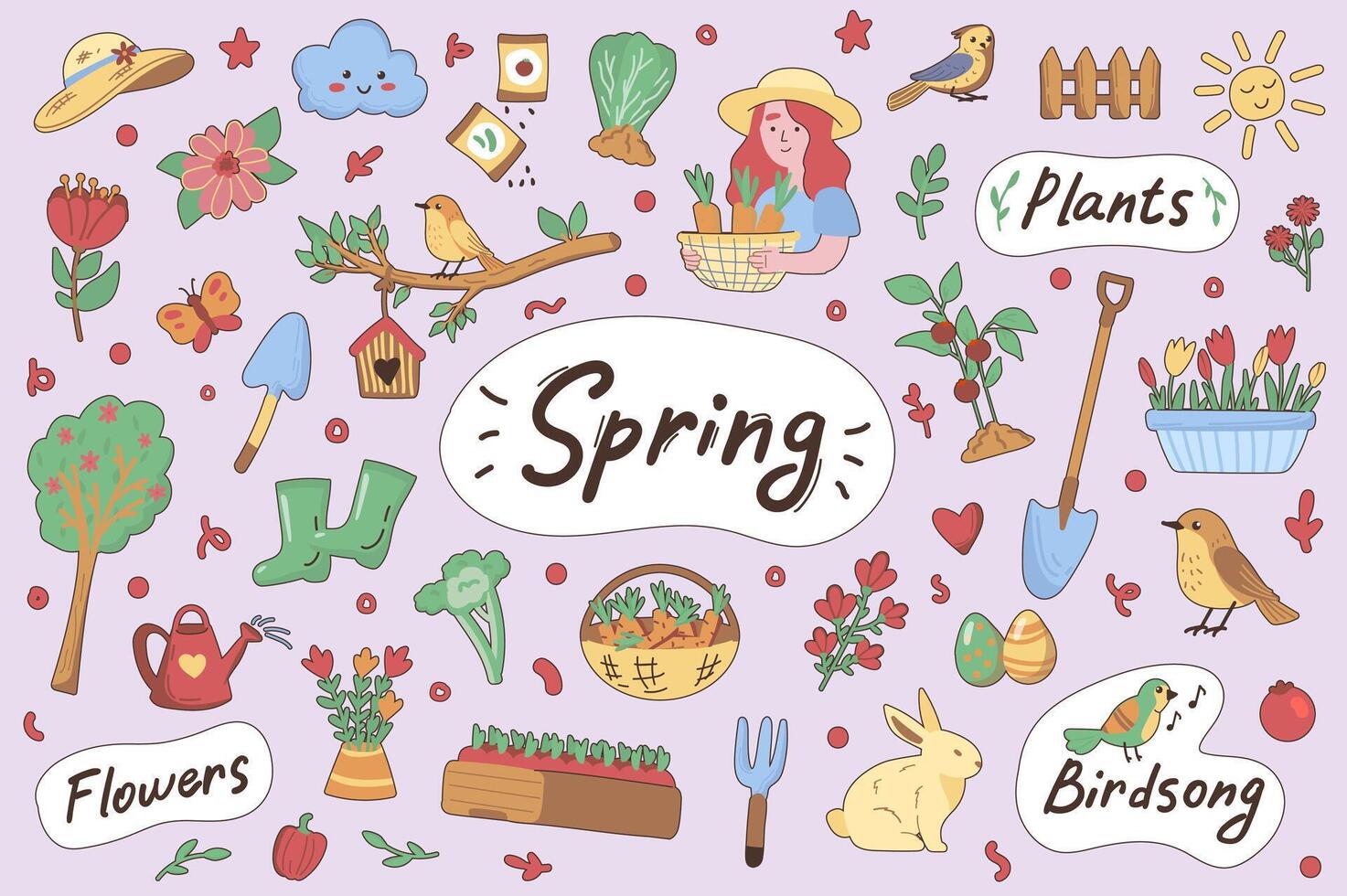Spring cute stickers set in flat cartoon design. Collection of flower, plant, bird, song, bunny, vegetable, rubber boots, watering can and other. Vector illustration for planner or organizer template