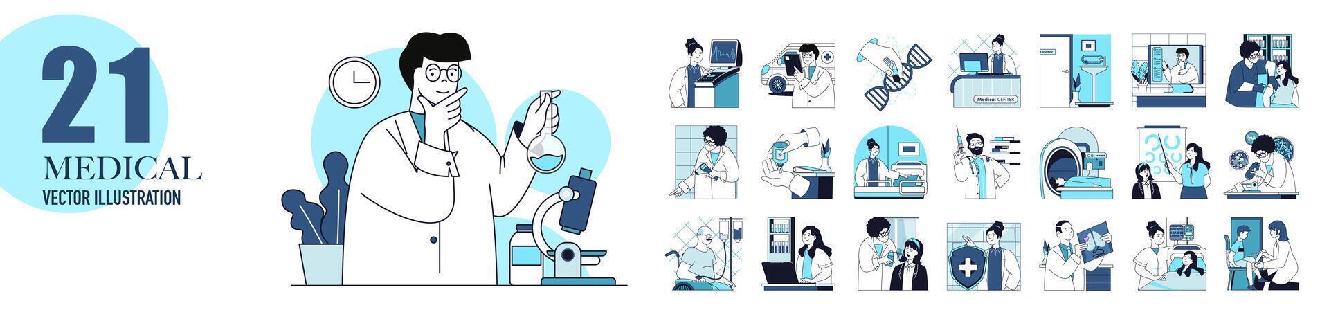 Medical clinic and laboratory concept with character situations collection. Bundle of scenes people doing tests and research, doctor consultation and diagnosis. Vector illustrations in flat web design