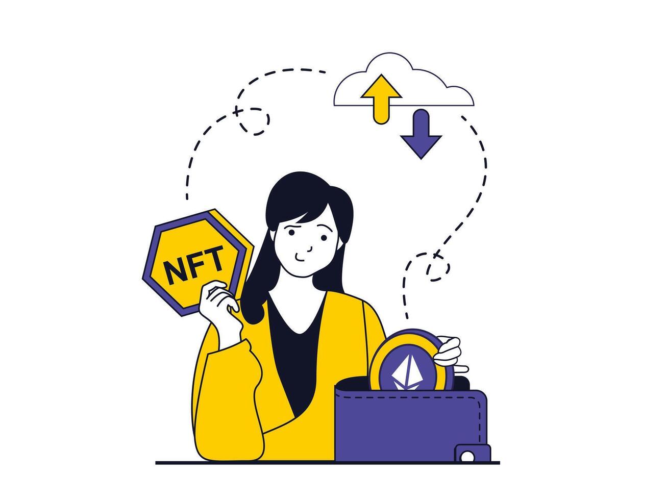 NFT token concept with character situation. Woman making crypto transactions and earning money from selling unique digital artworks. Vector illustration with people scene in flat design for web