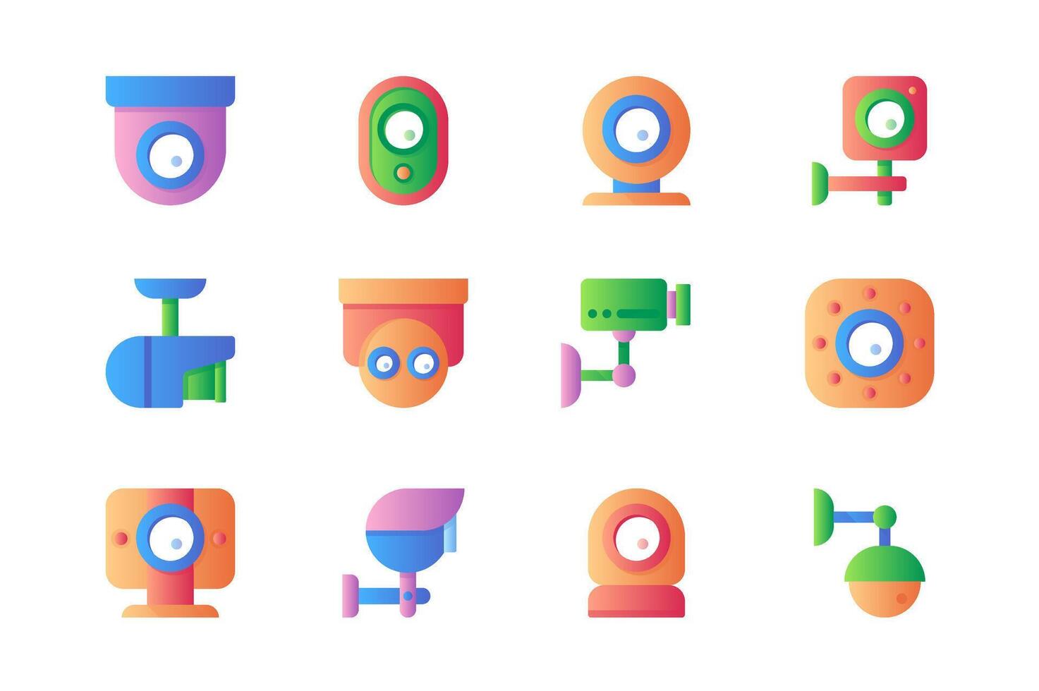 CCTV icons set in color flat design. Pack of surveillance security camera, control, privacy, private protection, video, police guard system and other. Vector pictograms for web sites and mobile app