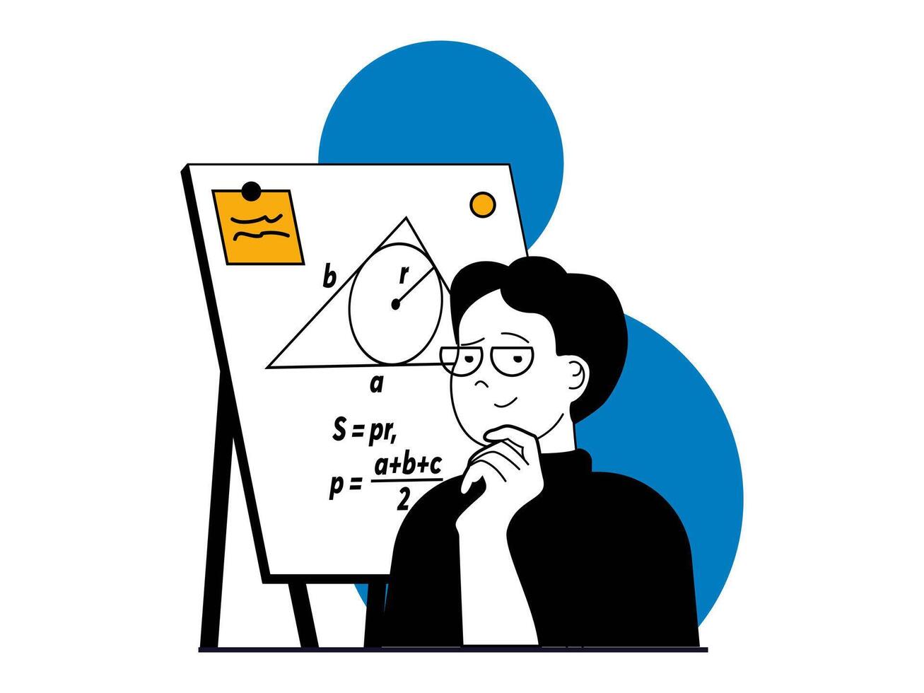 Education concept with character situation. Student solves mathematical problems and writes formulas on blackboard, answers in lesson. Vector illustrations with people scene in flat design for web