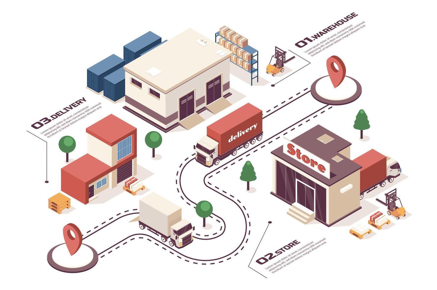 entrega empresa concepto 3d isométrica web infografía flujo de trabajo proceso. infraestructura mapa con almacén almacenamiento, Tienda edificio, logístico servicio. vector ilustración en isometria gráfico diseño