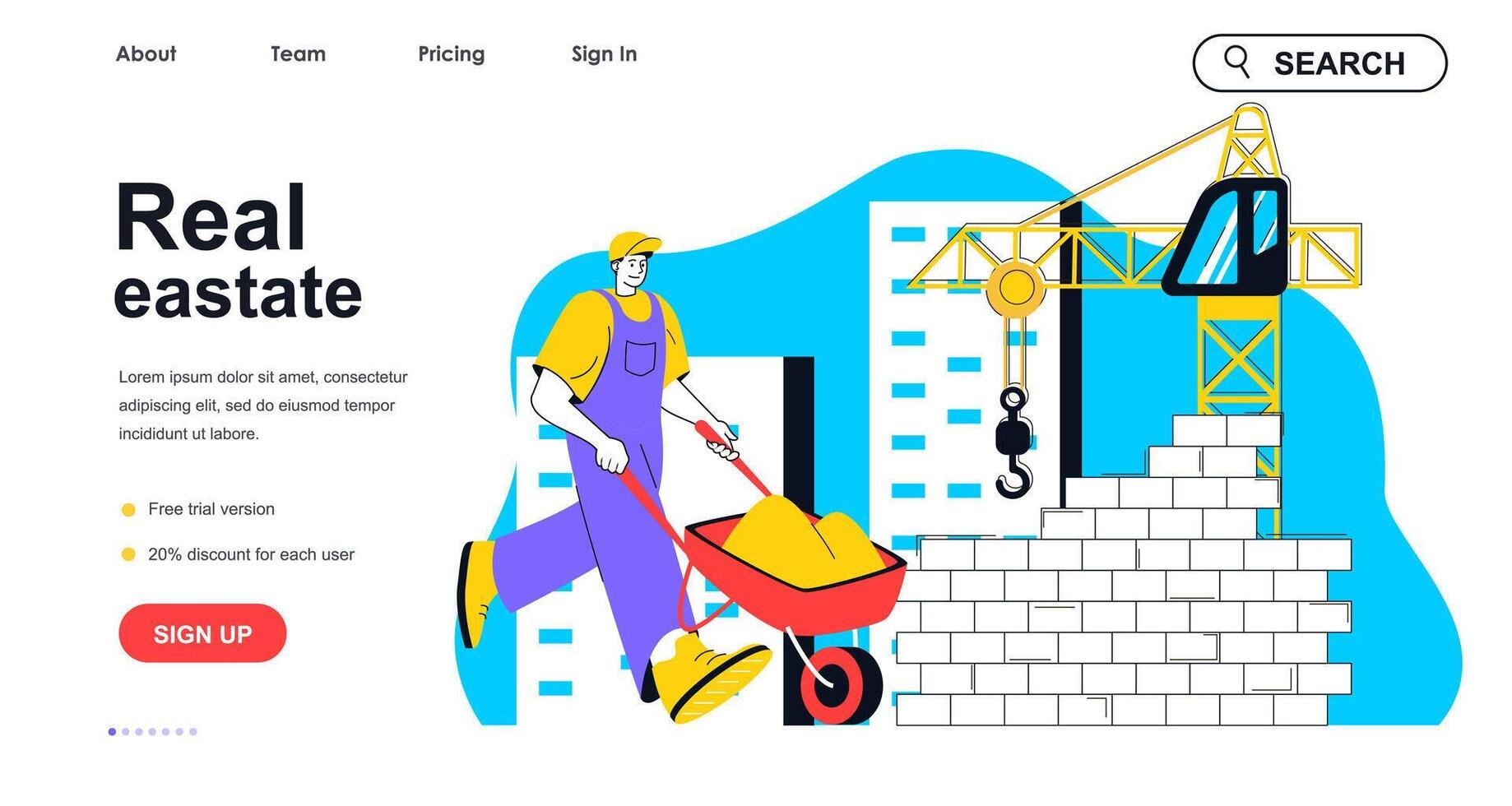 Real estate concept for landing page template. Builder with wheelbarrow works at building site. Houses construction business people scene. Vector illustration with flat character design for web banner