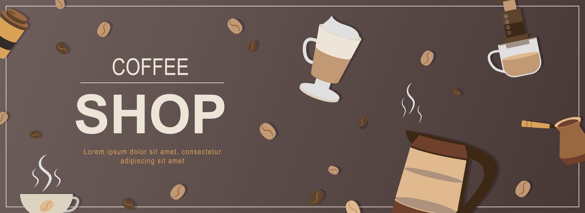 Coffee shop horizontal web banner. Beverage cups, beans, cezve, espresso, cappuccino, latte and other hot drinks in mugs. Vector illustration for header website, cover templates in modern design