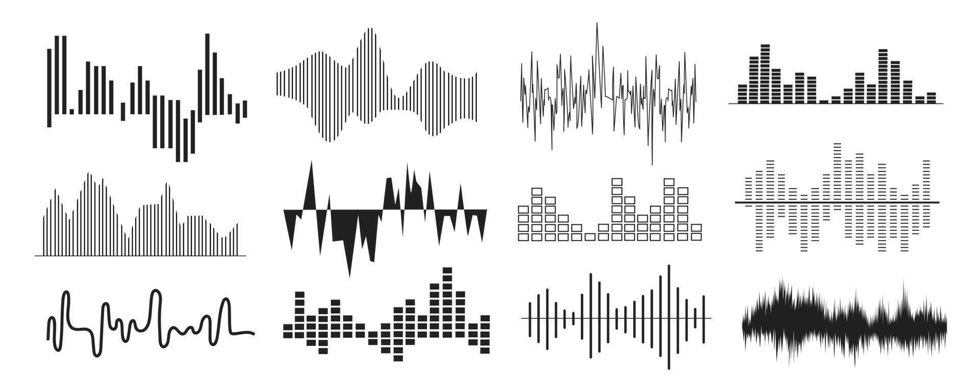 sonido olas mega conjunto en plano gráfico diseño. colección elementos de resumen negro línea música volumen y audio líneas, melodía igualada visualización, voz frecuencia señal símbolo. vector ilustración.