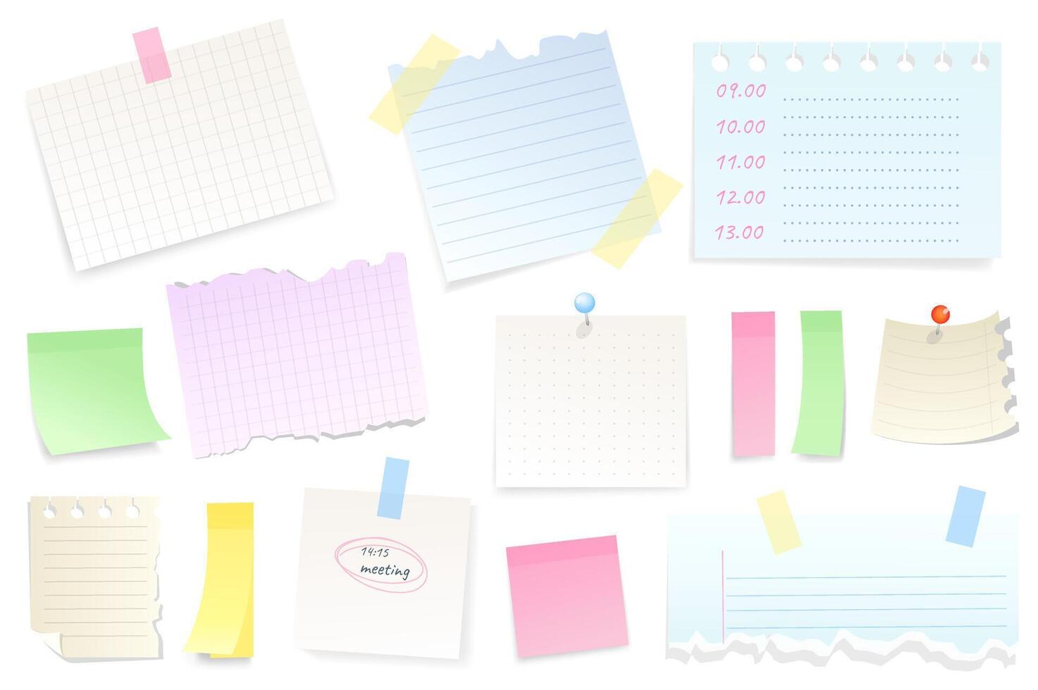 Reminder notepad sheets set graphic elements in flat design. Bundle of blank torn pieces of paper with tape or thumbtack, meeting reminder or to do list with pin. Vector illustration isolated objects