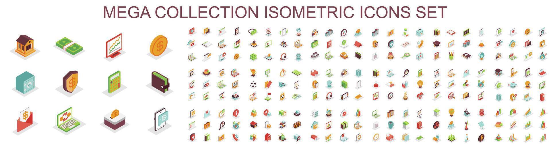 mega conjunto de vector isométrica iconos contiene tal íconos como SEO, marketing, ciencia, virtual realidad, social medios de comunicación, desarrollo, finanzas, bancario y más. haz icono. isometria pictograma embalar.