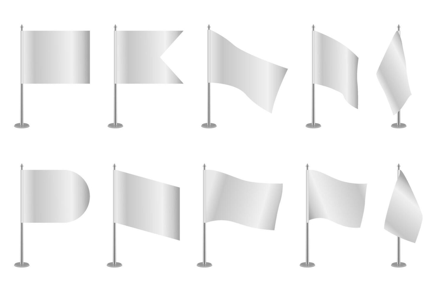 realista mesa banderas mega conjunto elementos en plano diseño. haz de blanco banderas con diferente formas de bordes vacío astas de bandera para marca presentación. vector ilustración aislado gráfico objetos
