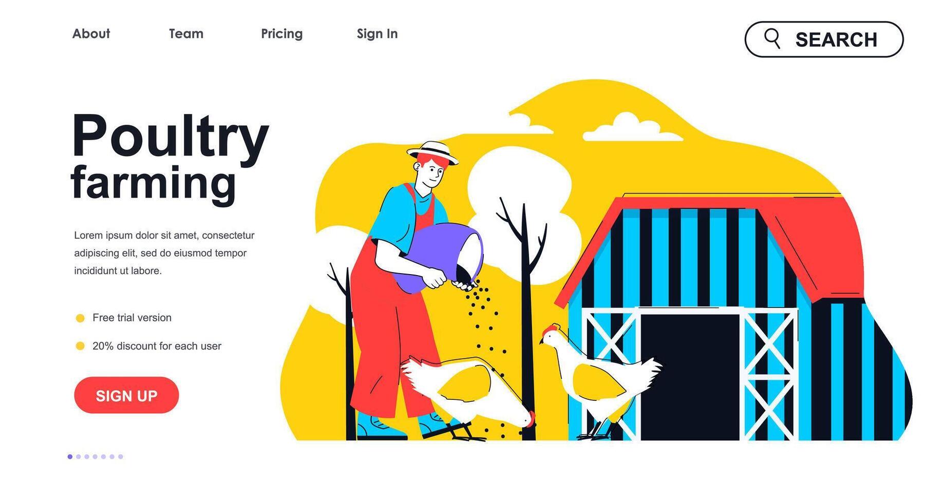 Poultry farming concept for landing page template. Farmer feeding chickens and works on farm. Aviculture and agribusiness people scene. Vector illustration with flat character design for web banner