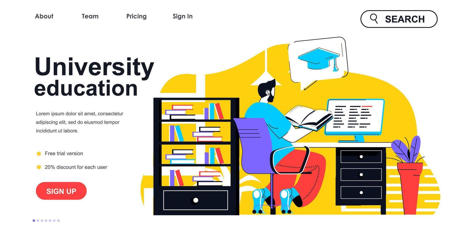 University education concept for landing page template. Man reads book, preparing for final exams. Graduation and diploma people scene. Vector illustration with flat character design for web banner