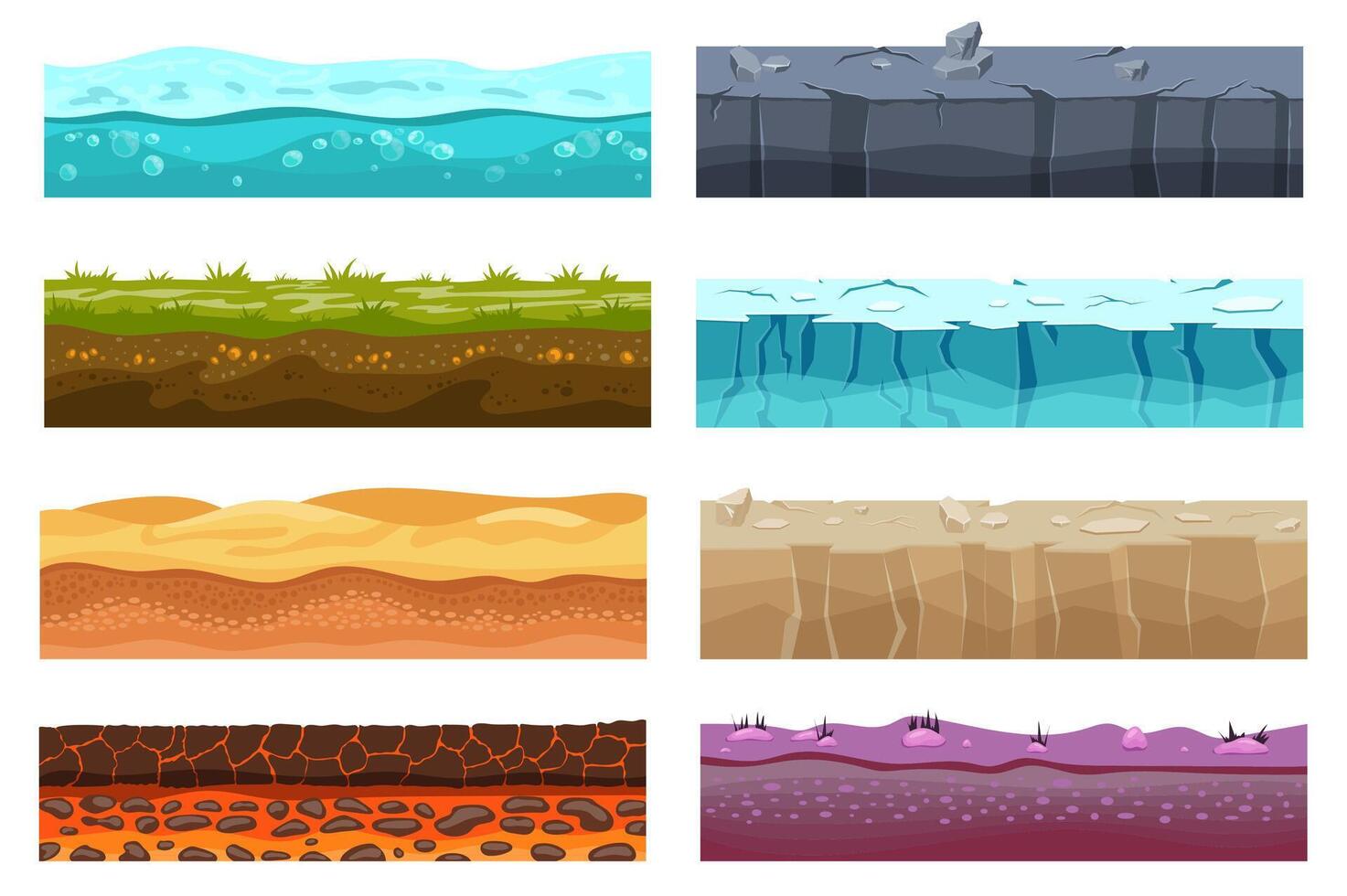 Game level ground mega set elements in flat design. Bundle of water, grass with soil, desert sand, hot lava, stone, snow and ice, rockland templates. Vector illustration isolated graphic objects