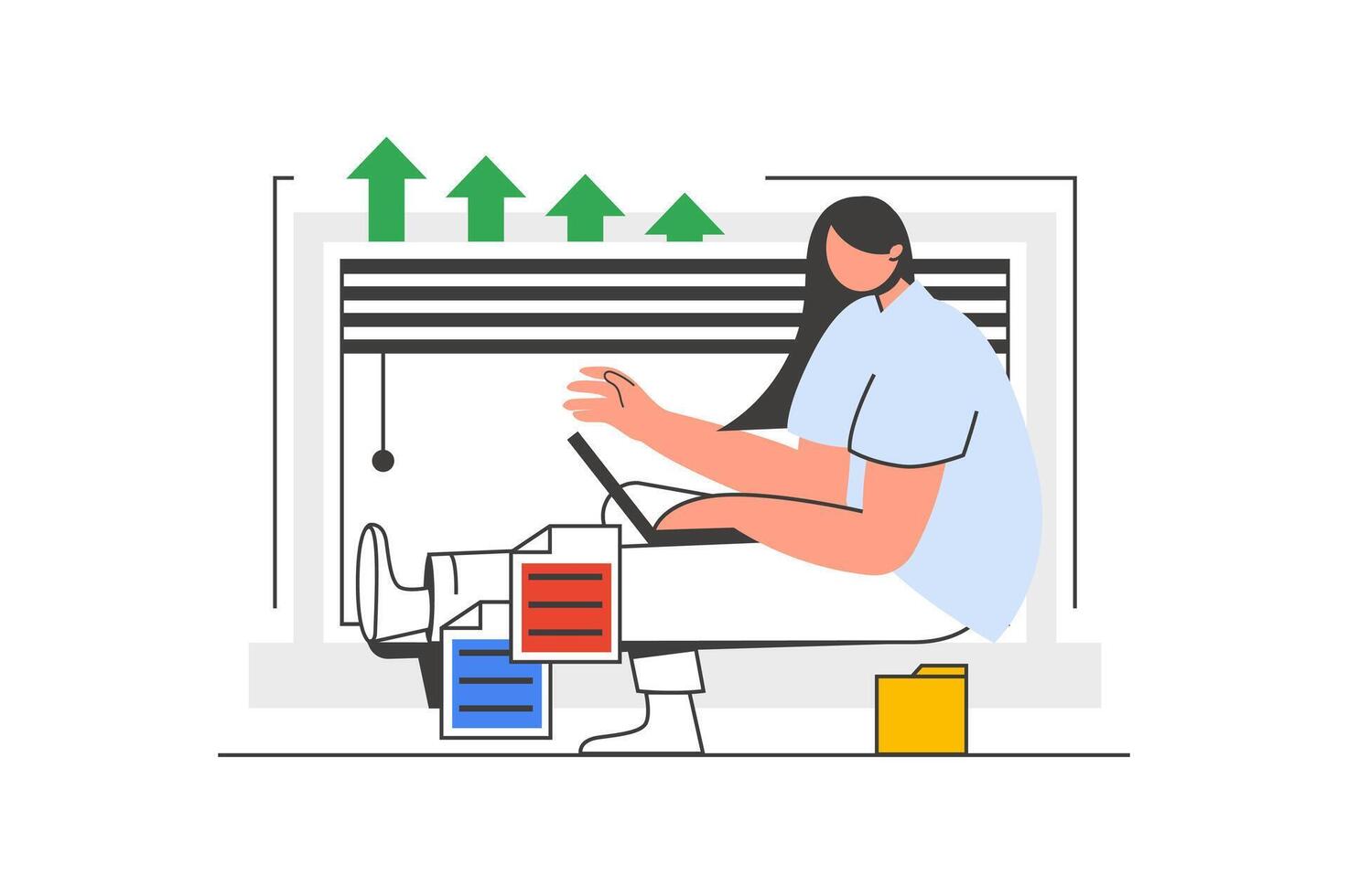 Woman working outline web concept with character scene. Businesswoman doing tasks at laptop online. People situation in flat line design. Vector illustration for social media marketing material.