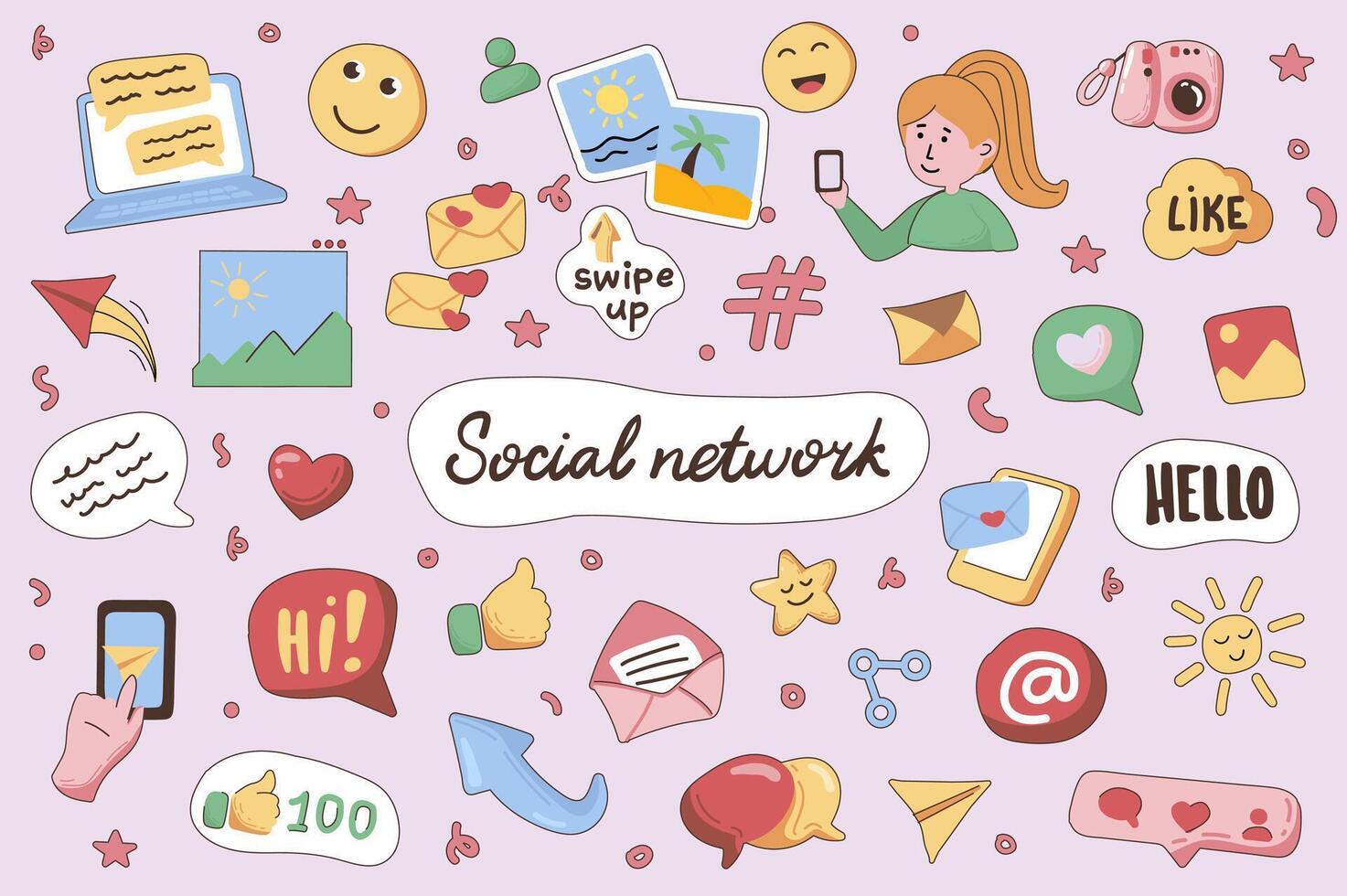 Social network cute stickers set in flat cartoon design. Collection of like, email, message bubble, emoticon, link, share, swipe, blog and other. Vector illustration for planner or organizer template