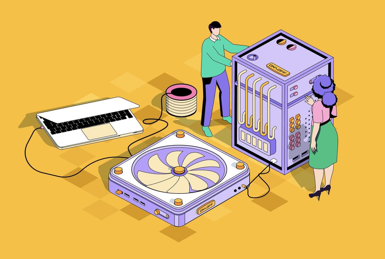 datos centrar concepto en 3d isométrica diseño. técnico equipo trabajando en servidor habitación, mantiene y control S de hardware sistema procesos. vector isometria ilustración con personas escena para web gráfico