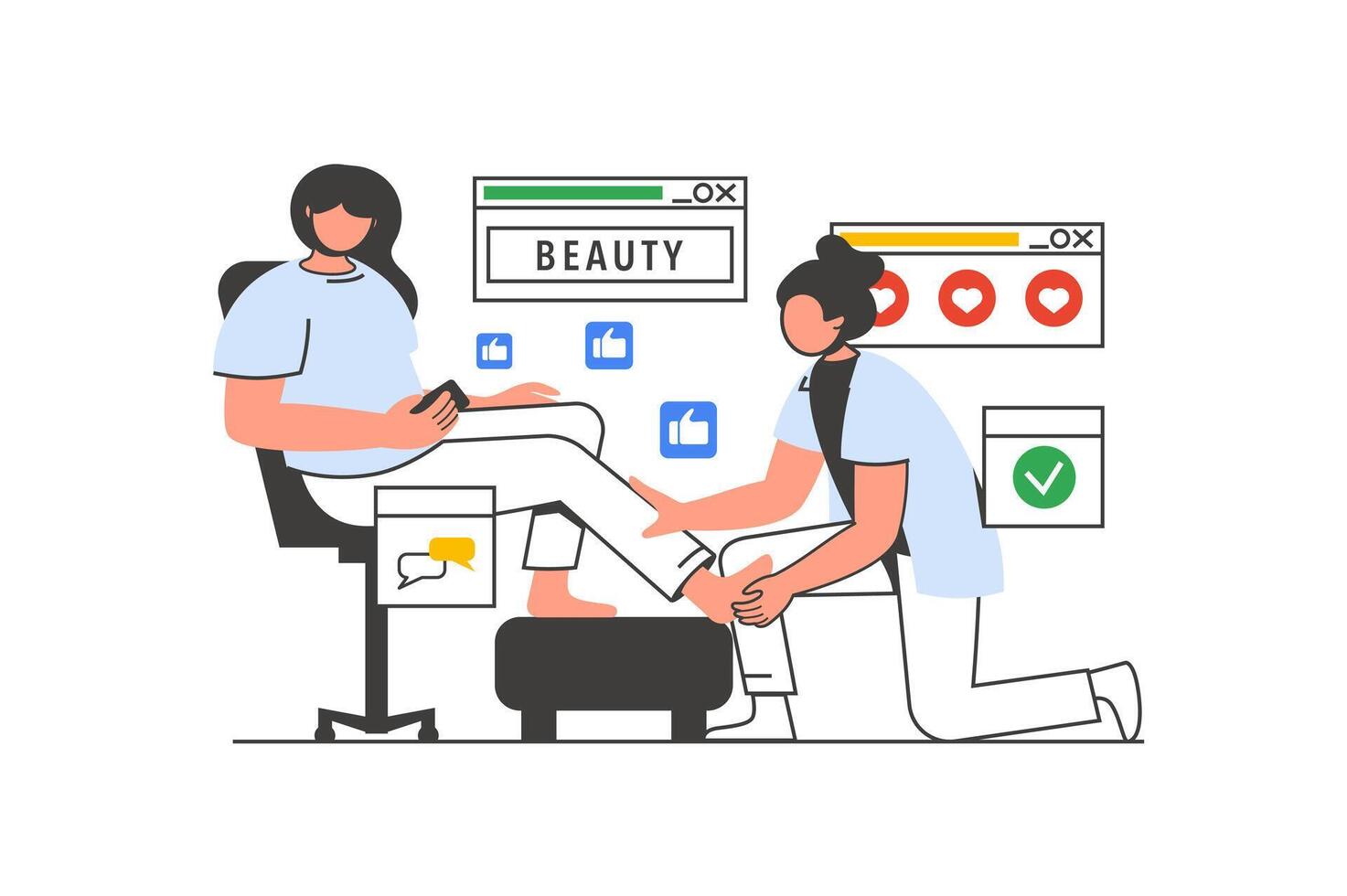 Beauty salon outline web concept with character scene. Woman getting procedure of foot massage in spa. People situation in flat line design. Vector illustration for social media marketing material.