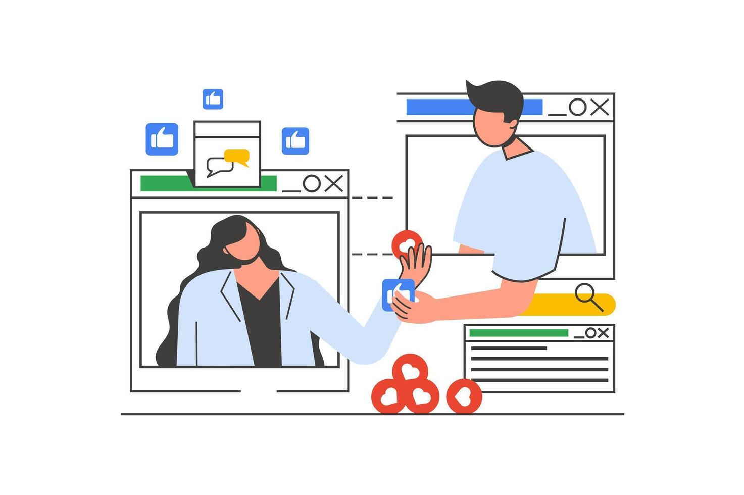 Video chatting outline web concept with character scene. Woman and man connecting via video call screens. People situation in flat line design. Vector illustration for social media marketing material.
