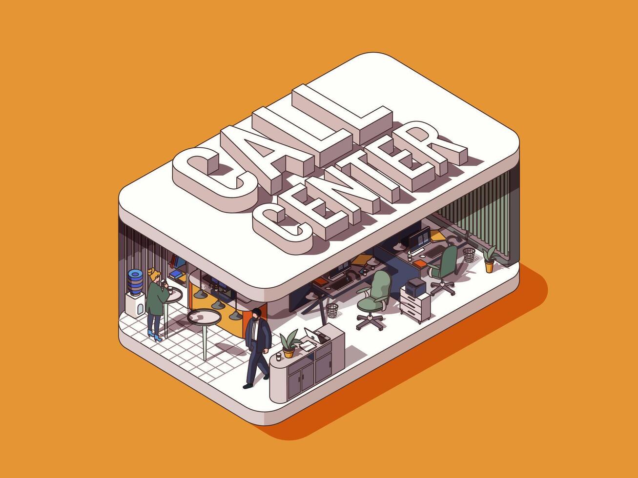 Call center concept in 3d isometric graphic design. Consulting clients and solving problems, technical support work in office. Vector illustration with people in isometric room interior for web banner
