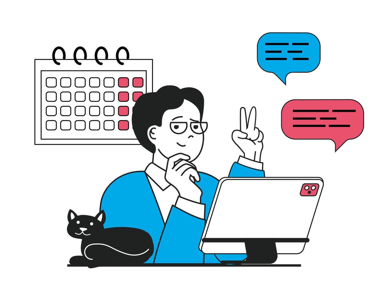 Freelance concept with character situation. Freelancer plans work processes on calendar, communicates with customers online from home. Vector illustration with people scene in flat design for web