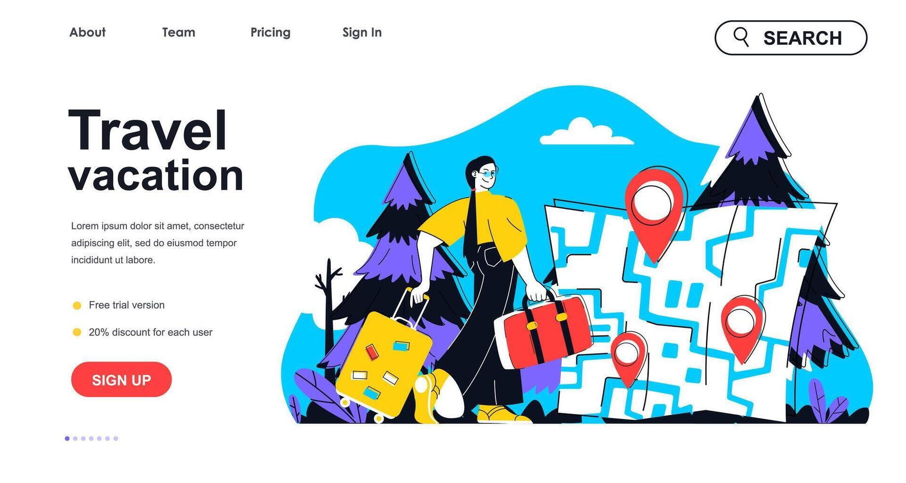 Travel vacation concept for landing page template. Happy woman with luggage goes to summer rest. Weekend trip and tourism people scene. Vector illustration with flat character design for web banner