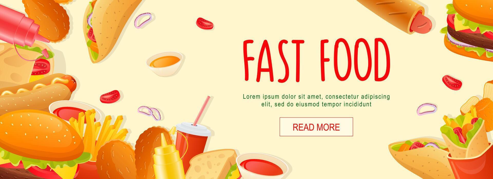 Fast food horizontal web banner. Taco, hot dog, hamburger, cola, sandwich, french fries, ketchup, mustard and other snacks. Vector illustration for header website, cover templates in modern design