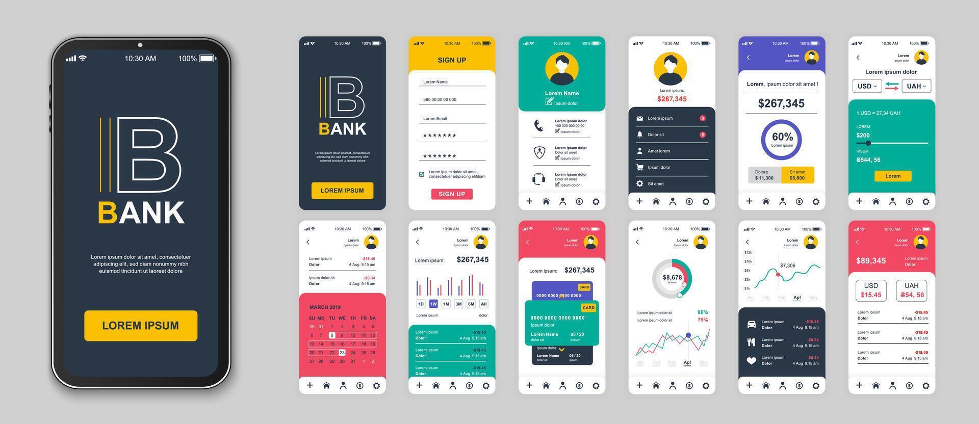 Banking mobile app screens set for web templates. Pack of login, financial account, personal balance, money transfers and other mockups. UI, UX, GUI user interface kit for layouts. Vector design