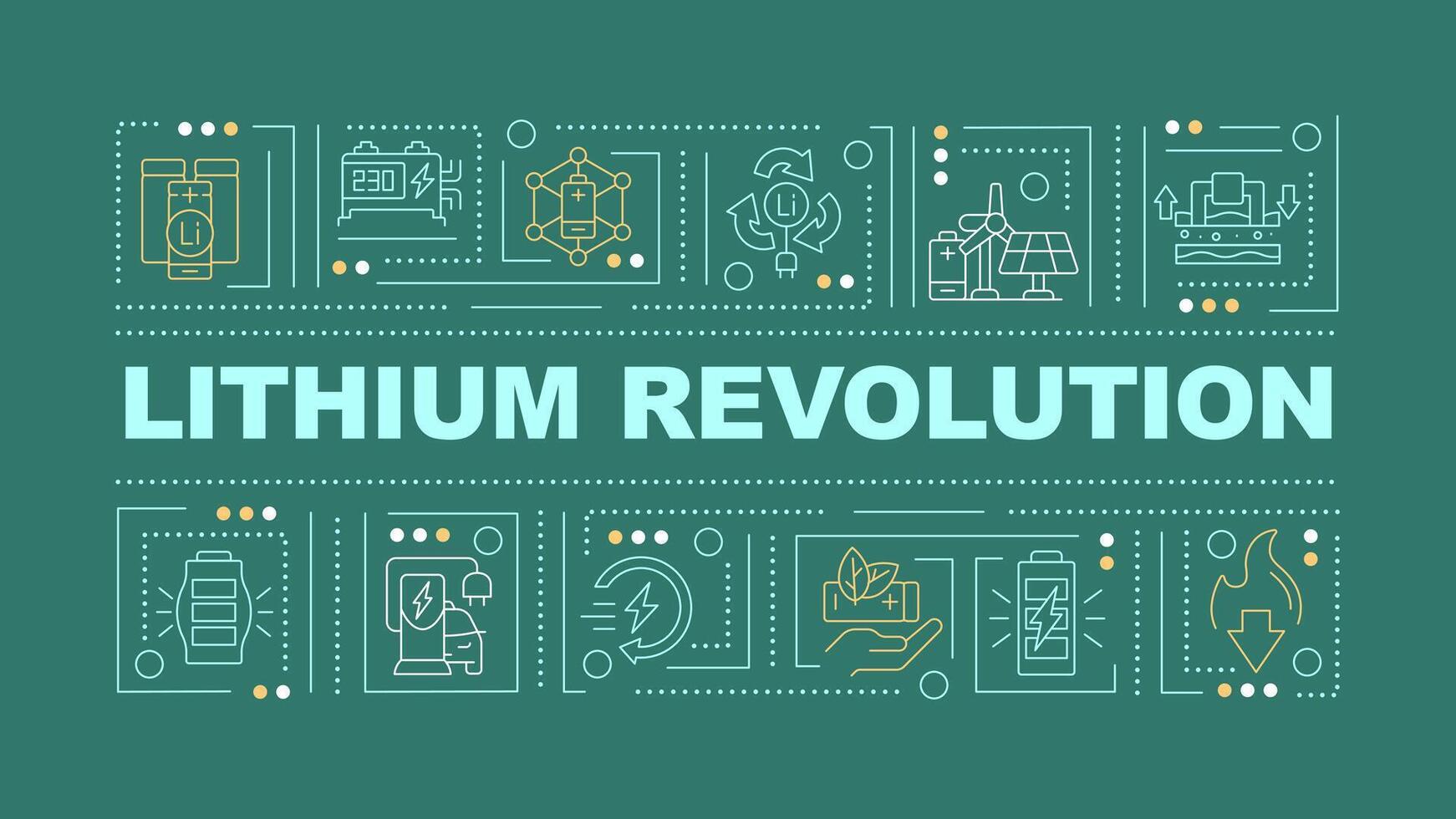 Lithium revolution green word concept. Ecofriendly power supply, Typography banner. Flat design. Vector illustration with title text, editable line icons. Ready to use