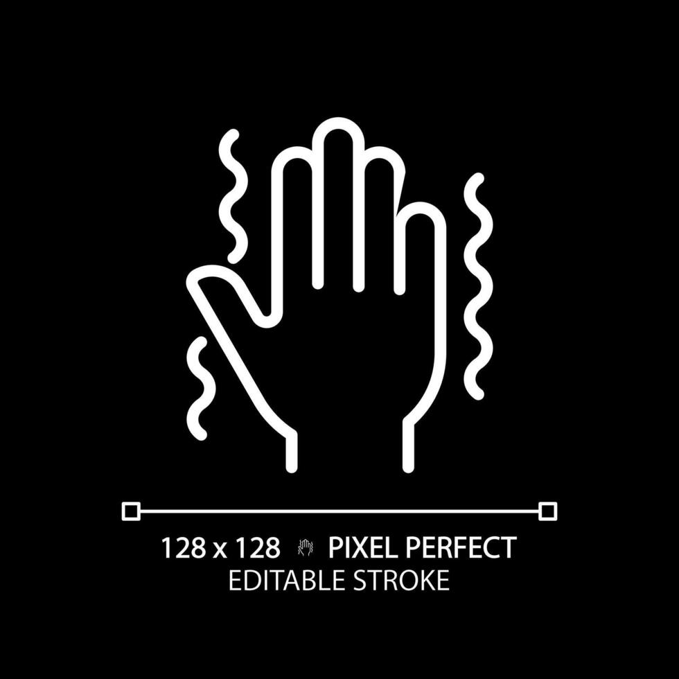 Parkinsons disease white linear icon for dark theme. Central nervous system disorder. Hand tremor. Synapses illness. Thin line illustration. Isolated symbol for night mode. Editable stroke vector